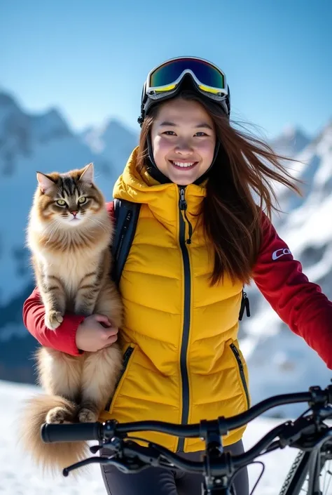 A (((full-body photo))) of a (((beautiful Asian teen female skier))) with flowing, (((brown ruffled hair in a sleek, side-swept look))), wears  yellow light vest posed confidently with a mountain bicycle on a (tracing the peaks of the St. Moritz mountain A...