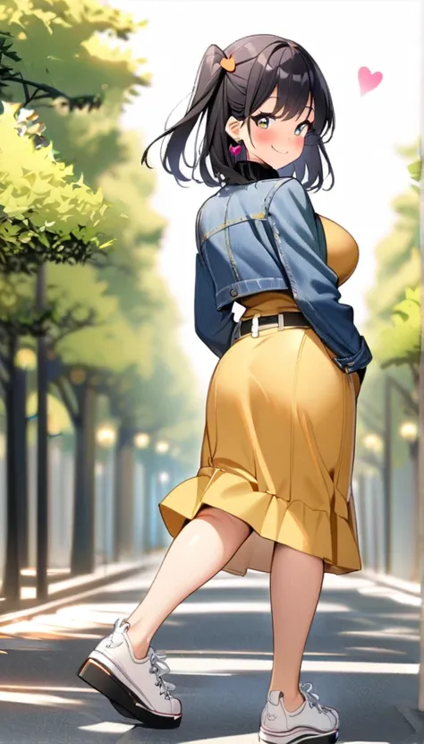 1girl, solo, short hair, black hair, Lightweight turtleneck sweater, large breasts, side up, White buckle belt, Long ankle-length skirts, Thick-soled laces, avenue of gingko trees, background blur, Denim fabric jacket, Heart Earrings, looking back, smiling...