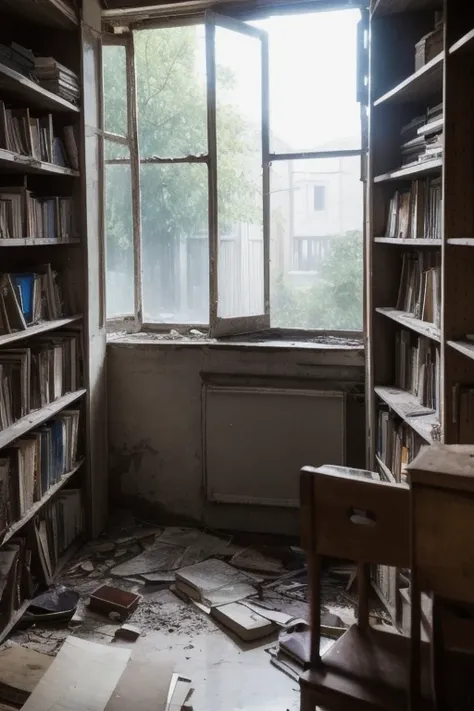 The ghost of the memory of the sad, wandering among pages and book dust, a string lies on the shelves, devastation cries with mold of a raw, forgotten estate late in the evening broken windows