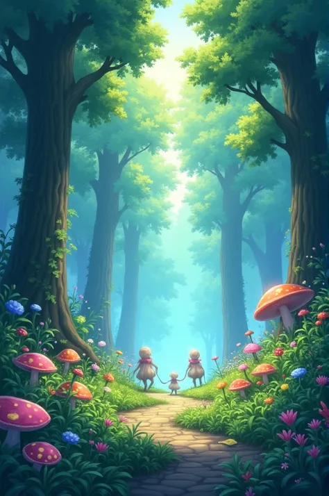 Make a magic forest with sunlight and very glowy and make it a anime background 