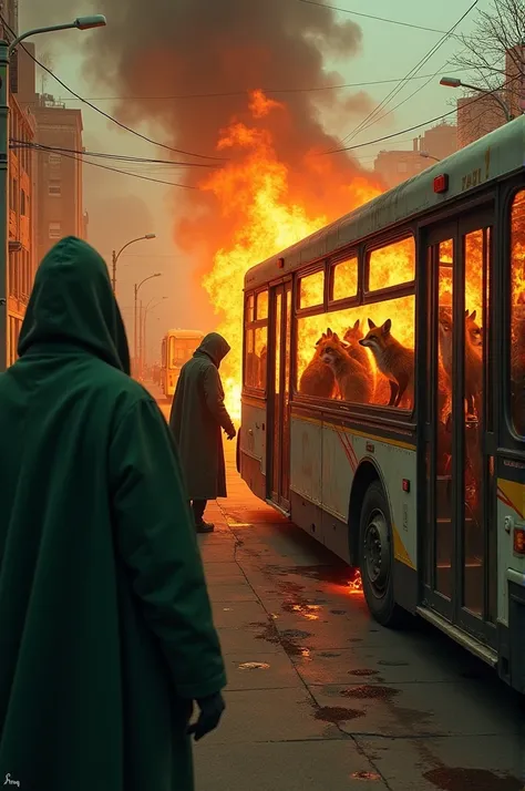 Green-hooded men setting fire to buses with foxes inside