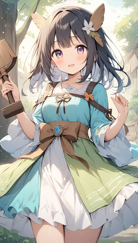    holding a wooden bow bright lines and soft colors create a dreamy effect., A fleeting impression.., one woman 、Girl with a wooden bow    、I have a wooden bow、cute、  Fantasy Villagers 、Background white、 pee 