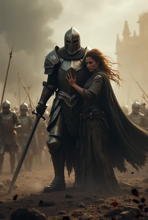 A knight in armor fights against a huge crowd of enemies in a half-dead state to protect his loved one behind him 
