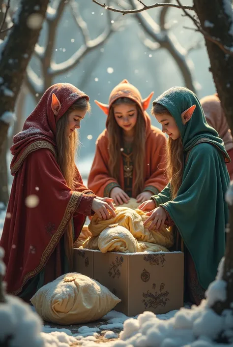  The Elves open packages of clothes and distribute them among the members.  The clothes consisted of a hood and a cape ,  made of a silky material , light and warm .)
