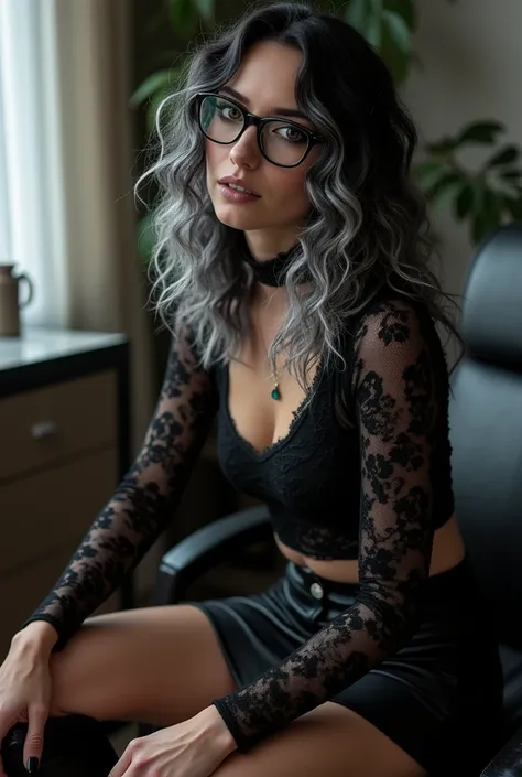 a very beautiful therapist, realistic, looking in camera, gothic makeup, lace top, short skirt, lather boots, glasses, sitting behind a desk, black and white curly hair,