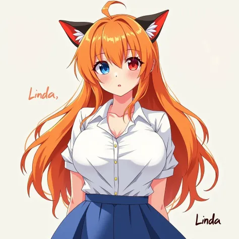 A girl,  long hair ,  orange hair, blue eye and red eye ,  anime style,  white shirt and blue skirt,  looking at the viewer , linda,  Cat Ears,  big breasts , 