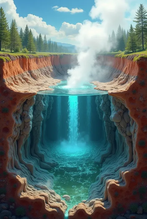 Cross-section of aquifers and geysers.