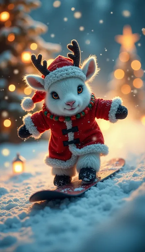 Un vache blanche tacheté de noir mignon anthropomorphique mignon et gracieux, vêtu d’un manteau de Noël rouge orné de fourrure blanche et d’un bonnet festif assorti, glisse sur un snowboard en pleine descente d’une colline enneigée. Sa posture montre une é...