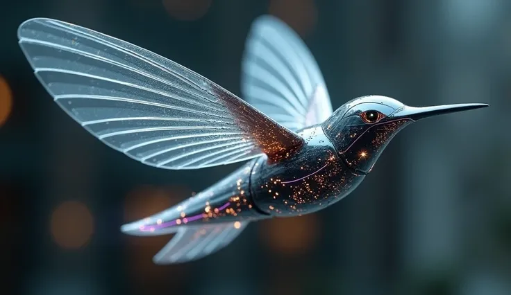 "A futuristic nanobot designed for flight, featuring intricately detailed hummingbird-like wings with a metallic and lightweight appearance. The nanobot has a sleek, aerodynamic body with glowing circuits and a h
