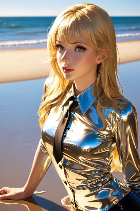 Princess Daisy buttoned in extremely tight shiny latex blouse, Necktie,Lens reflection, Reflected light, are on the beach,langes Haar,  blonde hair, 