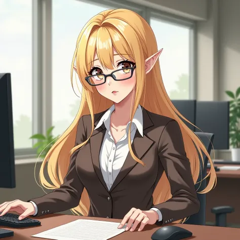 Blonde long hair girl with sharp elf ears, glasses. Has business brown or Grey suit. Young and pretty. In office.
Anime