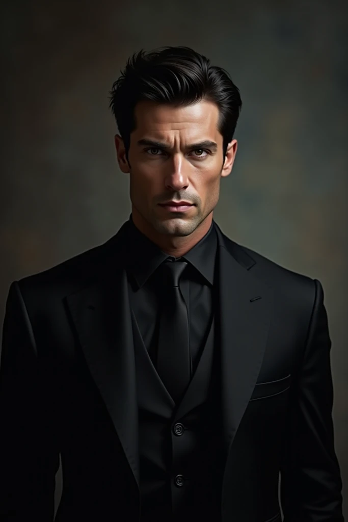 Create a portrait of a man in a black-haired suit, Of course, dark eyes, strong 