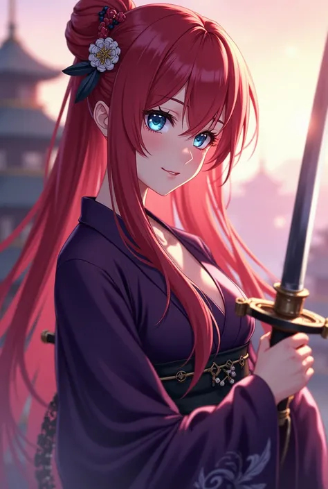 (photo anime), beautiful sexy woman, smiling sweetly, wearing dark purple kimono, long staright red hair, hair braided one in front of chest, outdoors, soft lighting, war in background, samurai pose, anime, intricate details, white skin, deep blue eyes clo...