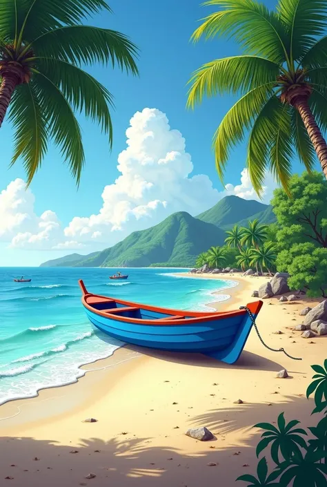 Create a beach landscape with a blue and red boat standing on the sand in oil painting style, Square shape without palm trees