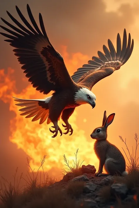 An eagle passing through the fire and coming to meet a rabbit 