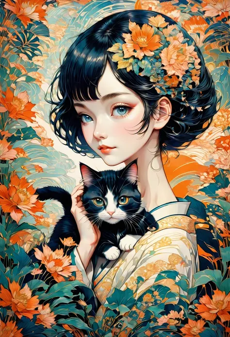 Girl with Cat, by Tsukasa Hojo, best quality, masterpiece, very aesthetic, intricate details, art deco, ultra-detailed, 4k  