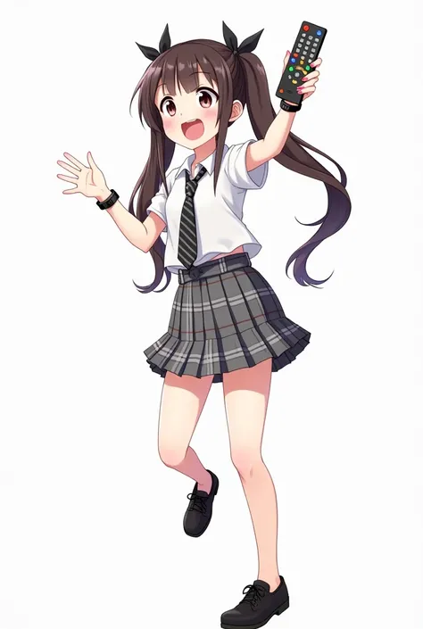 Teenage woman with two bows in her hair standing full on the front and her legs and wearing black shoes and uniform white shirt short sleeves and with black watch and pink nails and black tie with black and white lines school and with a plaid skirt in gray...