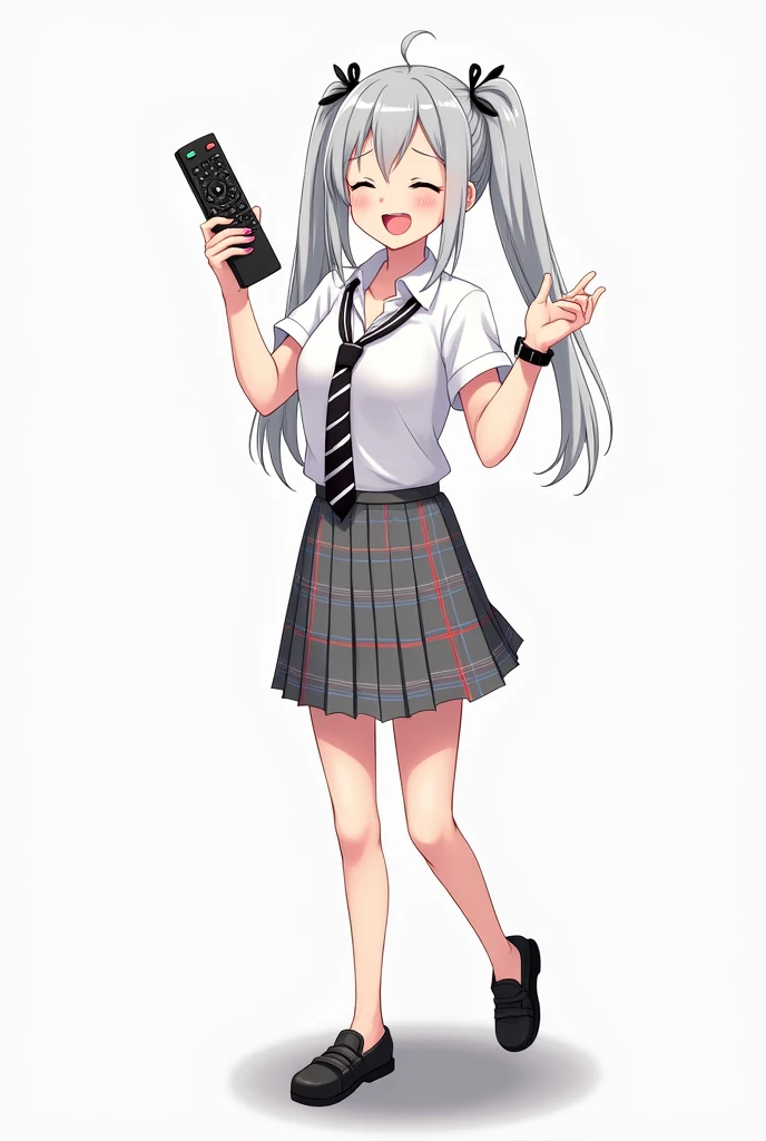 Teenage woman with two bows in her hair standing full on the front and her legs and wearing black shoes and uniform white shirt short sleeves and with black watch and pink nails and black tie with black and white lines school and with a plaid skirt in gray...