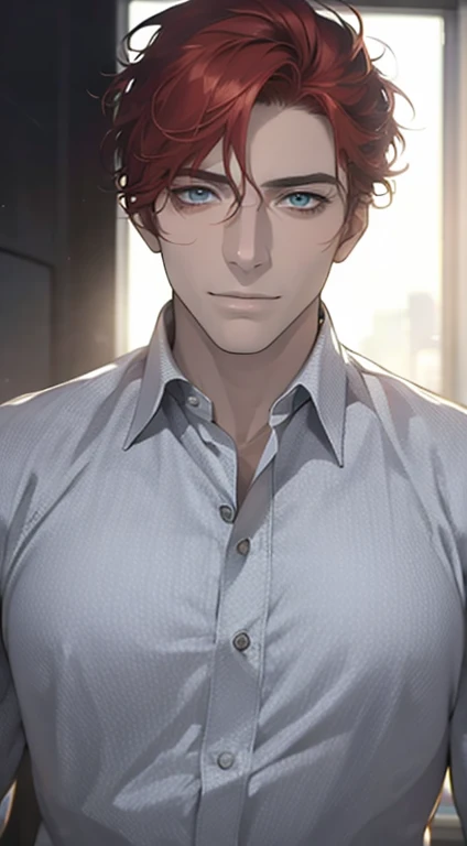 (best quality,4k,8k,highres,masterpiece:1.2),ultra-detailed,(realistic,photorealistic,photo-realistic:1.37),1 man,31 years old,mature man,very handsome,without expression,smile,short red hair,blue eyes,penetrating gaze,perfect face without errors,imposing ...