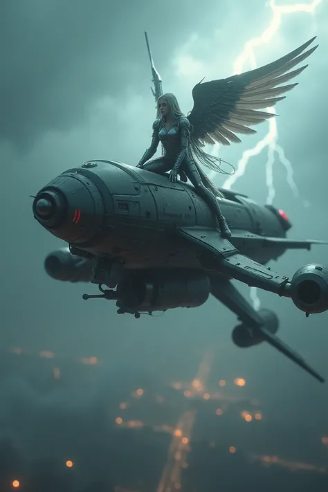 Perched on a Flying Drone in a Clouded Sky
The Valkyrie is crouched atop a large, heavily armed drone hovering in a sky filled with stormy clouds. Below, glimpses of a darkened city glow faintly through the mist. Her armor gleams as lightning flashes, and ...