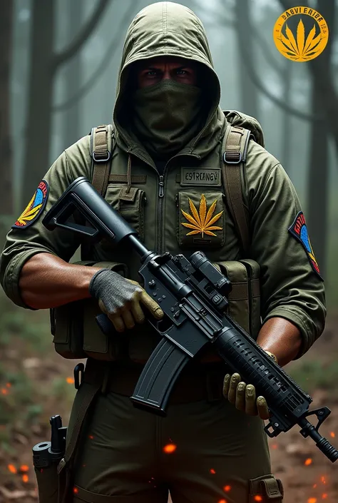 "Un poster détaillé pour Escape from Tarkov , représentant un soldat robuste et marqué par les batailles, vêtu dun équipement tactique complet. Le personnage tient une arme, un fusil dassaut bien utilisé, avec des détails réalistes. Les mains du soldat son...