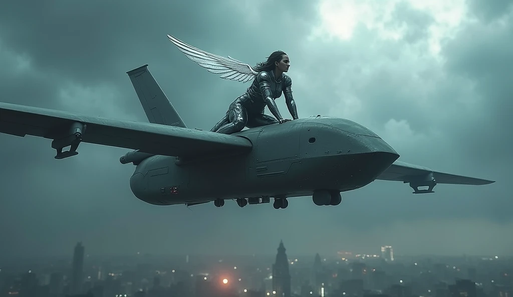 Perched on a Flying Drone in a Clouded Sky
The Valkyrie is crouched atop a large, heavily armed drone hovering in a sky filled with stormy clouds. Below, glimpses of a darkened city glow faintly through the mist. Her armor gleams as lightning flashes, and ...