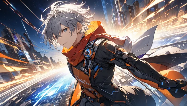    impressive scene drawn in anime style    、male、 Nice 、  modern style、  action、 nice 、  handsome、  round ratio background 8  　:　male2

excitement 、passion、 A powerful scene symbolizing the challenge of the future

 dark horizon and futuristic cityscape 、...