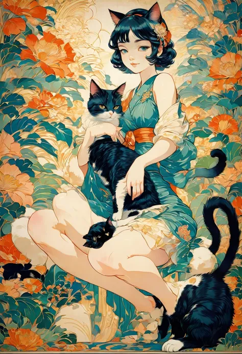 1Girl with Cat rubbing her leg, by Tsukasa Hojo, best quality, masterpiece, very aesthetic, intricate details, art deco, ultra-detailed, 4k, --ar 9:16  