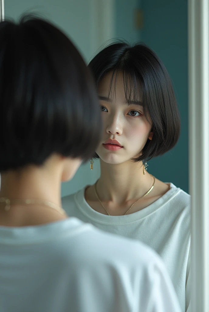 A young asian woman, sleek straight hair, with an ultra-short bob haircut with shaved nape. Light make up. She wears white tshirt, an earrings and a necklace. She is looking at her reflection in a mirror, look confused with a blank look. Blurred indoor bac...