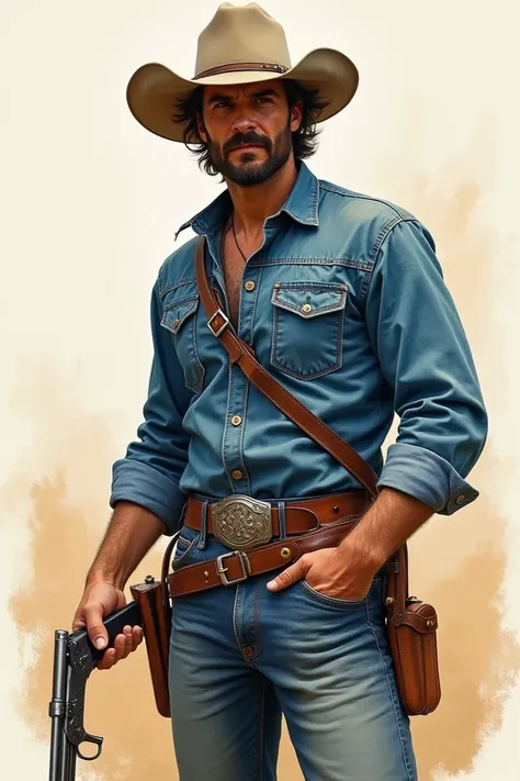  Man in denim clothing and weapons on his sides, Make it look like a drawing and dont look so detailed , That he has a hat and is in a ranch 