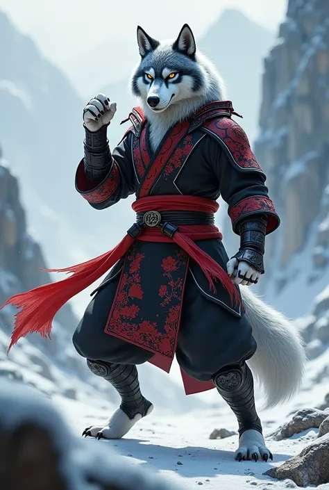 anthromorphic arctic wolf with black and red kung-fu clothes