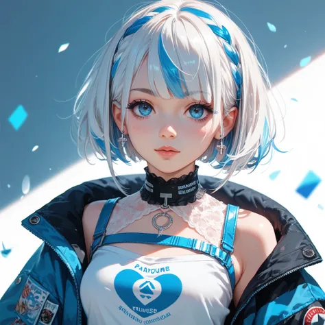  anime girl in the MOE style ,  she has white hair with blue stripes,  she has bangs on her face ,  her eyes are colored with blue shadows , her eyes are pinkish ,  she is dressed in grunge style .