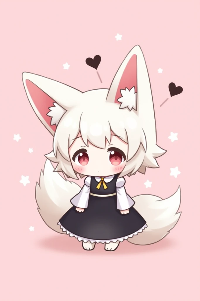   character in the image is an anthropomorphic figure that looks like a fox .  It has white fur with pink accents inside the ears and on the cheeks .  Its ears are large and triangular ,  and it has a long and fluffy tail .  The character wears a black dre...