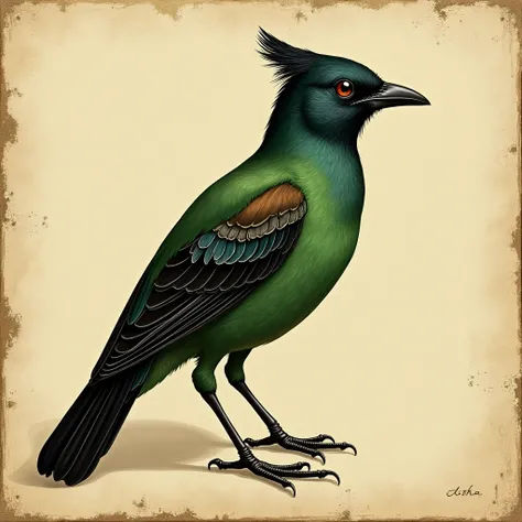 Early Renaissance-style image, of a nightingale in green and black with no background