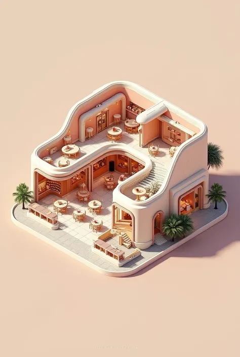  Assume a pastry in an isometric view that has a space that serves to pay for what is consumed and the remaining space to set tables ,  that looks like a restaurant  ,  that the design is inspired by the shape of a cake (a specific cake not )