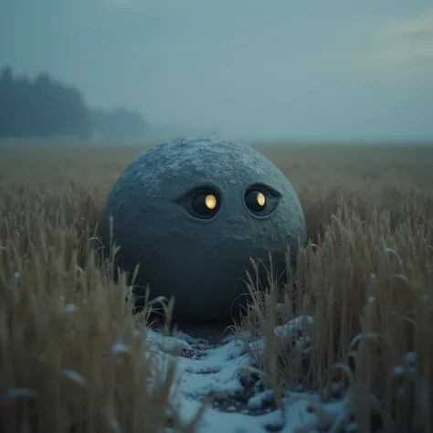  A round rock with eyes in a wheat field, In winter ,  dim light , evening