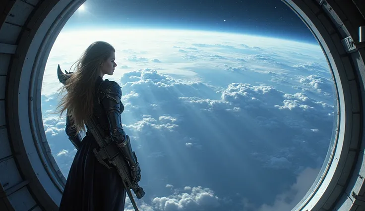 Observation Deck of a Space Elevator
The Valkyrie leans on the edge of a vast glass observation deck high above the Earth. The curvature of the planet glows below in a sea of swirling clouds, and faint lights from orbital stations blink in the distance. He...