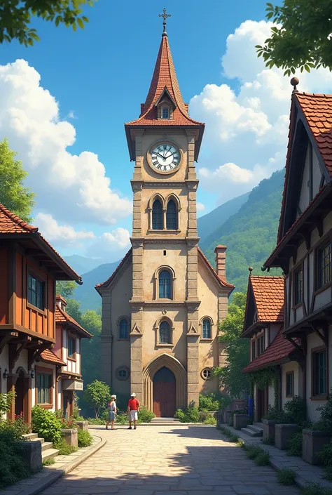 Church with clock in the middle of a small town