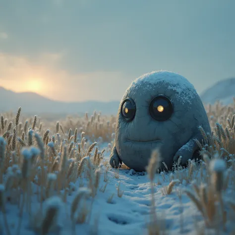 A round rock with eyes in a gigantic wheat field, In winter ,  dim light , evening