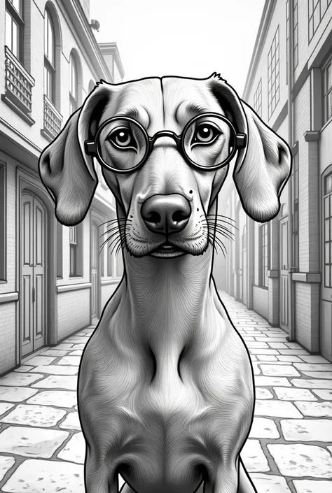 Pretty Vizsla as Harry Potter with glasses and scar in the form of lightning on the side of the forehead in Peaky Blinders style as a coloring page in black and white