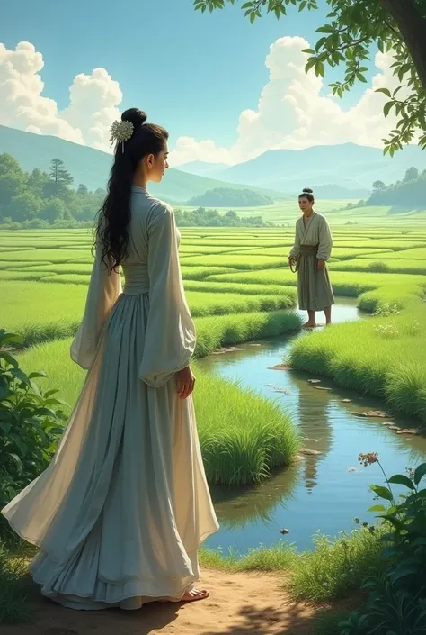 The Lady of Cao approaches the farmer ,  watching how water flows through the canals to the crops