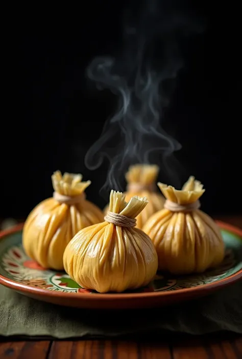  Image of steaming Tamales from Salta  ( spherical ,  not too cylindrical and not too perfect ),  wrapped  ( like candies )  in corn leaves  ("Chala ") and tied at two opposite ends with strips of it.  Tamales are presented on an artisanal ceramic plate fr...