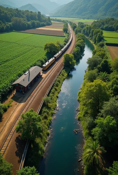  aerial view of a 10960 train station in the country of El Salvador ,  with their locomotive waiting for their passengers to board , There are already some people waiting ,  around it are corn fields and coffee fields ,  while a beautiful river crosses in ...