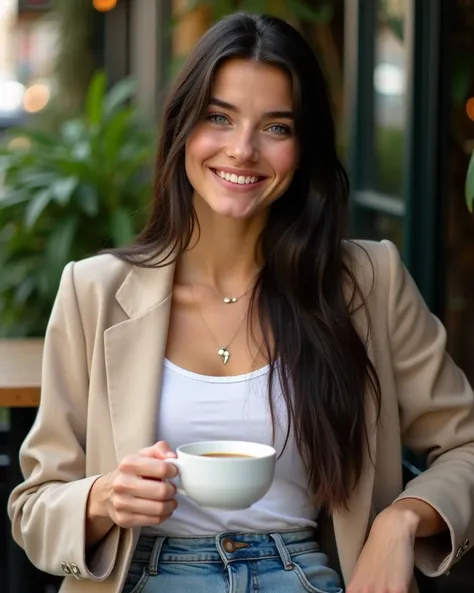 A casual yet chic photo of a young English woman with blue eyes, 25 years old, super long super straight, frizz-free, natural, dark black hair, casually sitting outdoors at a cozy café. She is smiling softly while holding a cup of coffee in one hand, weari...