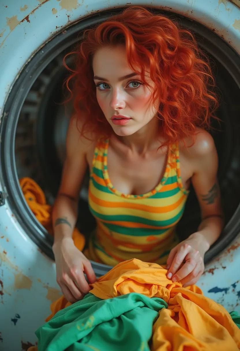 a girl with red curly hair,green and yellow striped tank top,bent over washing machine door,filling washing machine with colorfu...