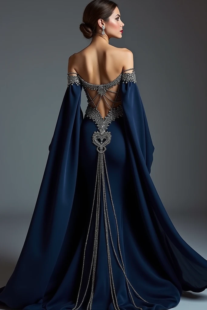  Dressed in navy blue with silver stones that fall like rain from the neckline and fade to the waist .It is tight it reaches the feet , its old sleeves cover the shoulders and its heart-shaped neckline makes my breasts look bulkier than they actually are  ...