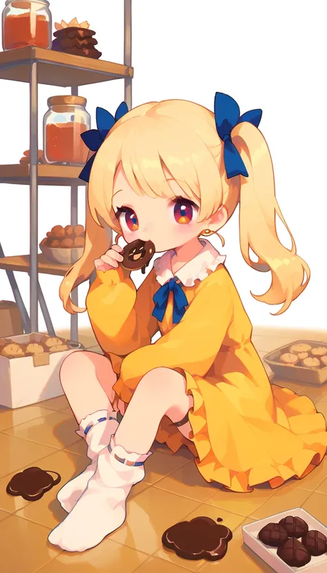 1girl, solo, masterpiece, best quality, (anime art style:1.0), sitting on the floor, eating cookies, a jar of chocolate chip cookies sits on the floor next to her, crumbs on her face, short frilly white socks, yellow dress, short frilly sleeves, long blond...