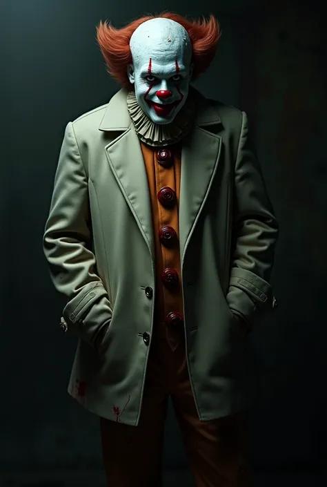 a picture of the clown from Terrifier with his hands in his pockets and a calm smile