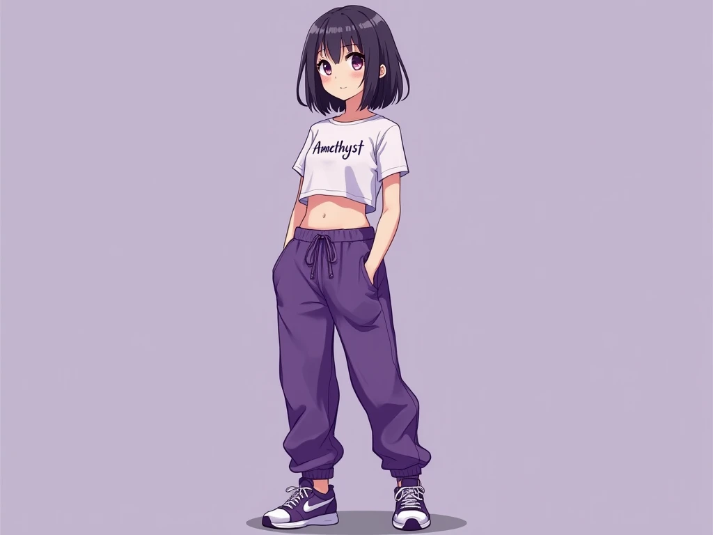 beautiful cut haired anime girl waering cropped top and loose jogging pants with a text "Amethyst" on her clothes