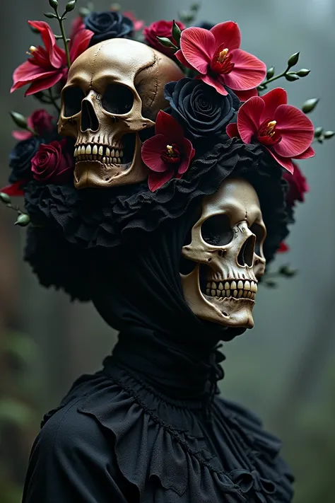 Make me an image of skulls on a bonnet of black roses and red orchids 